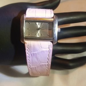 Silver tone square ladies watch with pink band